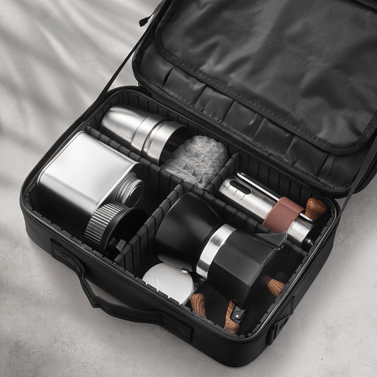 1set espresso maker set classic italian and cuban coffee percolator set travel coffee maker set with portable included pot dosing funnel coffee grinder coffee canister filter paper coffee cup towel for travel camping gift details 0