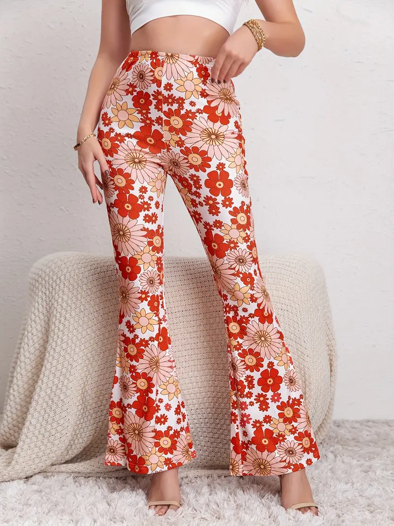 Floral Print Flare Leg Pants, Boho Forbidden Pants For Spring