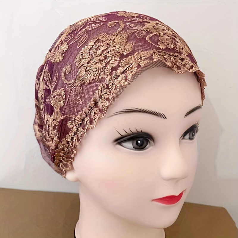 Rose Embroidery Lace Turban Cap Double Layer Beanie Ramadan Head Wrap Inner Hija