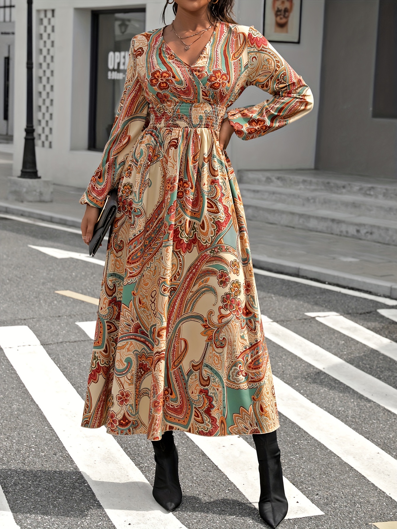 paisley print shirred waist a line dress elegant v neck long