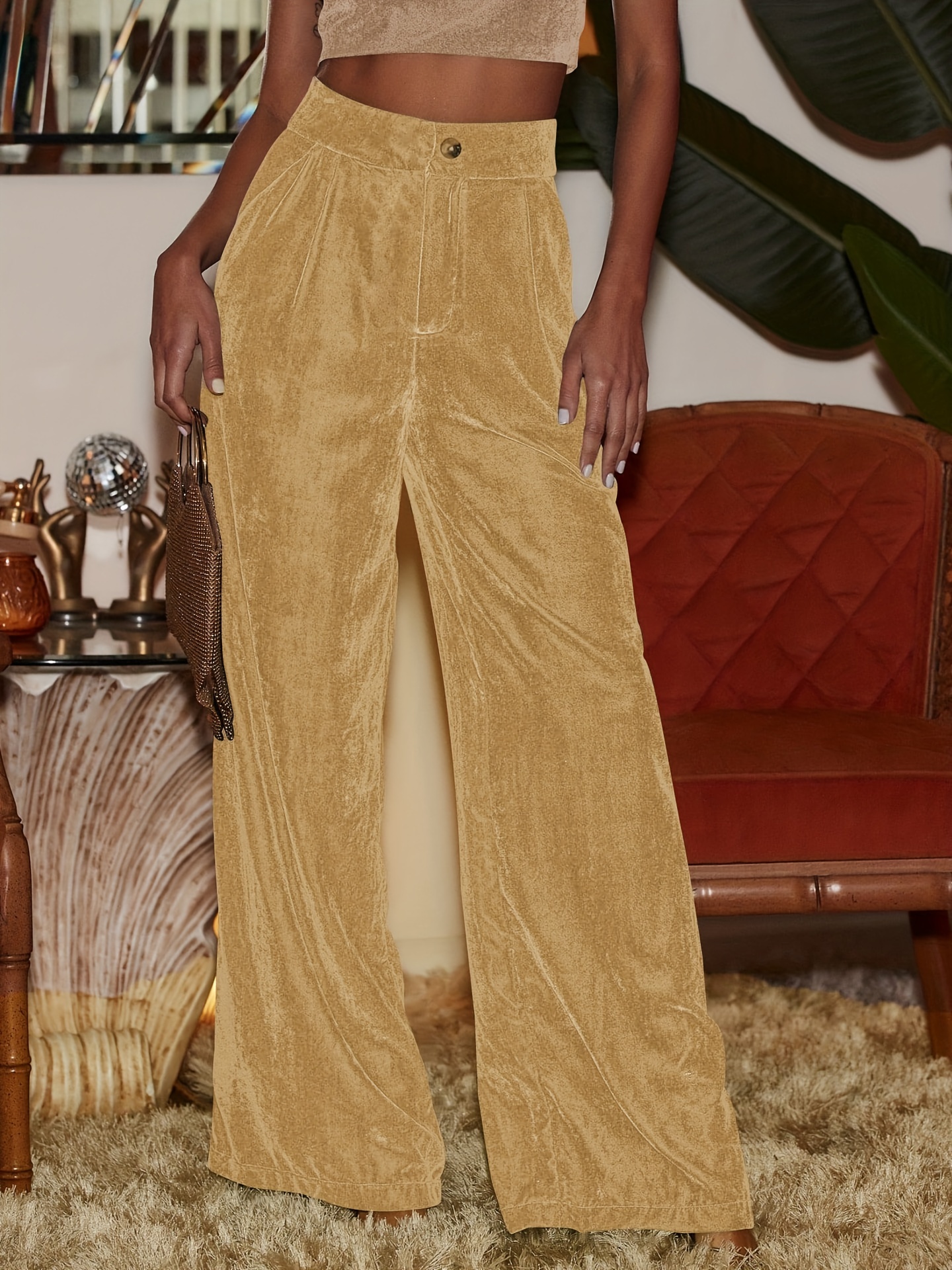 High Waist Solid Velvet Pants Boho Every Day Flare Leg Pants - Temu