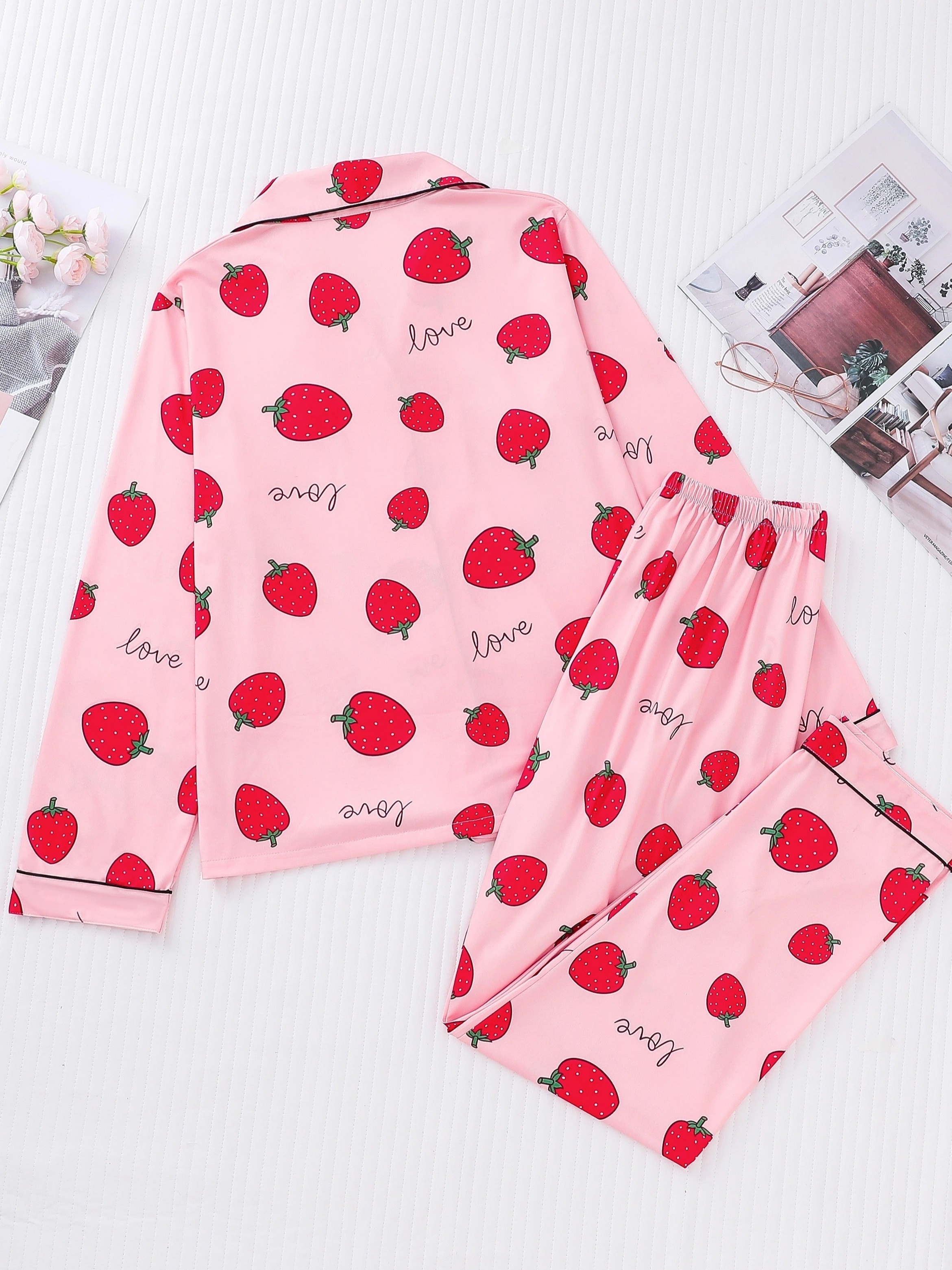 Strawberry Print Pajama Set Long Sleeve Buttons Top Elastic - Temu