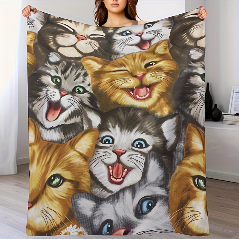 1pc Throw Blanket For Cat Lover, White Quilt For Sleeping Cute Kitten Print  Blanket Flannel Fleece Throw Blanket, Super Soft Cozy Blanket For Birthday