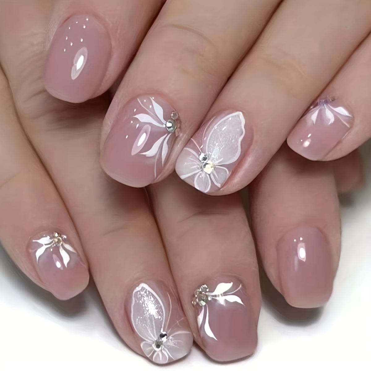 

24pcs Glossy Short Oval Fake Nails, Sweet Pink Press On Nails With Flower Butterfly Design, Rhinestone False Nails For Women Girls