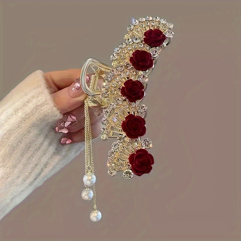 

1pc Rhinestones Flower Decor Hair Claw Clips With Faux Pearl Tassel Decor, Nonslip Hair Clips For Women, Strong Hold Hair Accessory For Thick, Thin And Other Hair Types