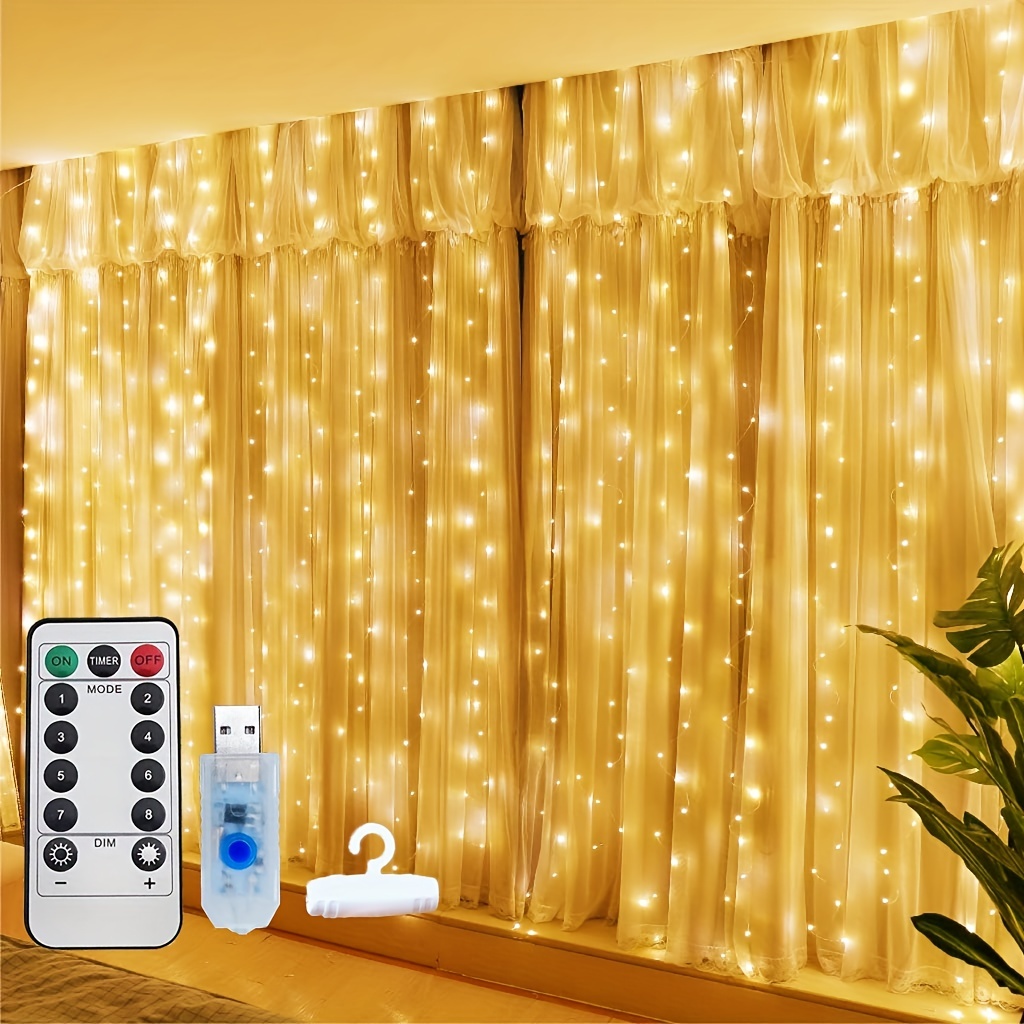 HXWEIYE 300LED Fairy Curtain Lights, 9.8x9.8Ft Warm White USB Plug in 8  Modes Christmas String Hanging Lights with Remote for Bedroom, Indoor