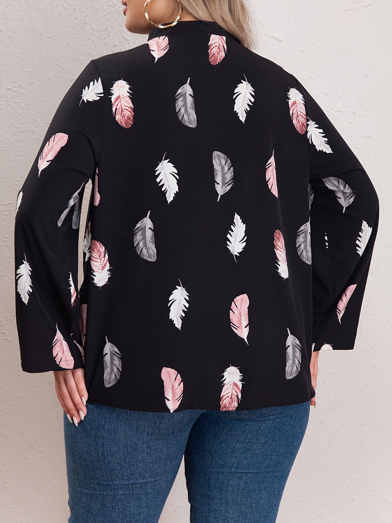 plus size casual top womens plus feather print long sleeve notched neck loose fit shirt top