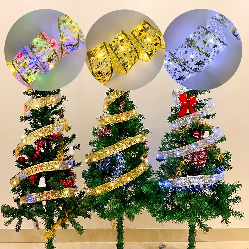 Christmas Wired Ribbon, Gold LED Christmas Ribbon,2 Pack 5 Yards Fairy  Lights Christmas Tree Decorative Lights Gift Ribbon for New Year Christmas  Tree