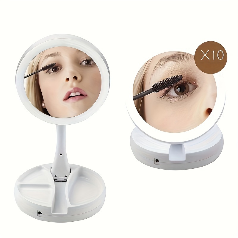 

Makeup Mirror With Led Light Up Mirror, 1/10x Magnifying Round Make Up Mirror Led Lighted Illuminated Cosmetic Mirror Desk Standing Foldable Portable Makeup Beauty Mirror With Storage Box