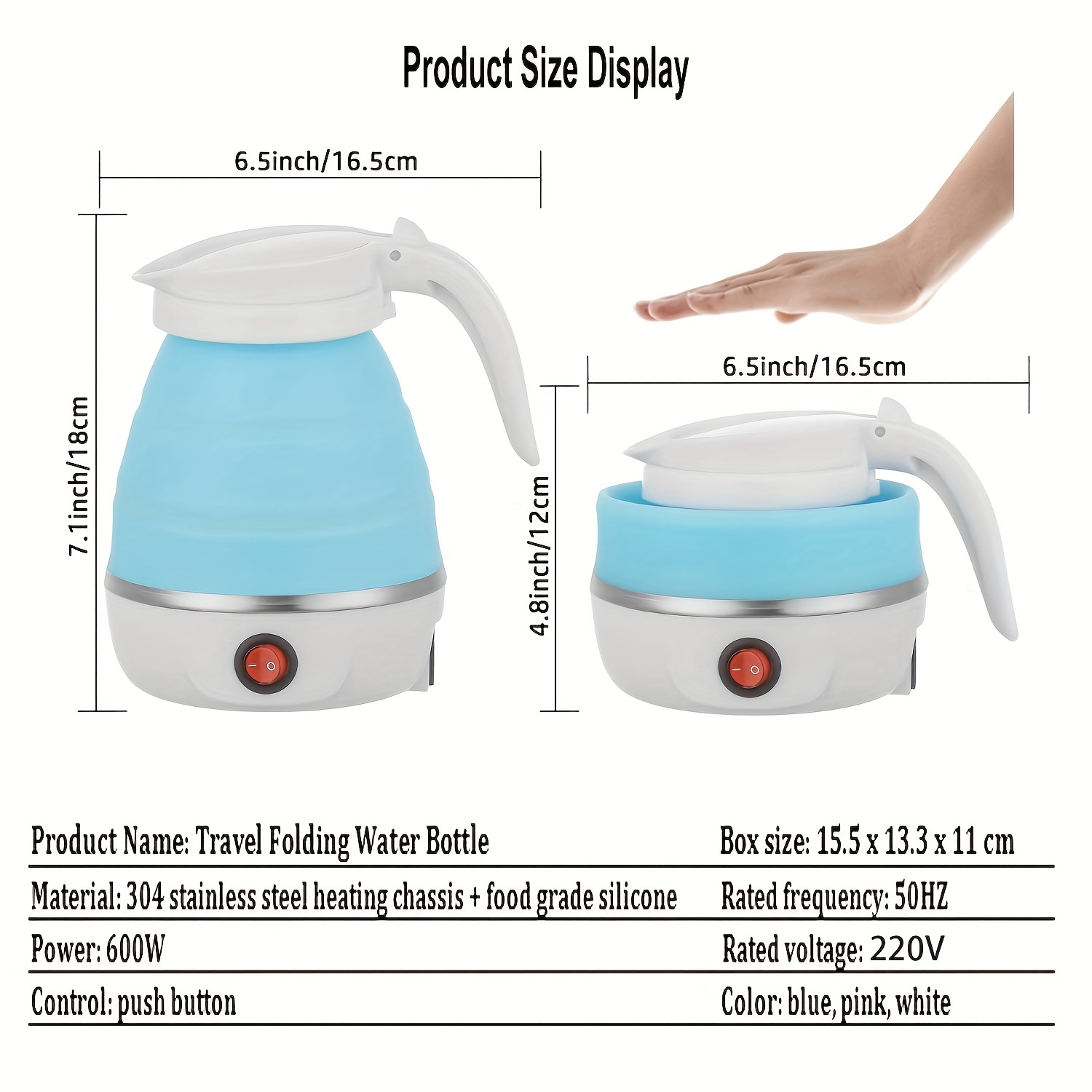 2-Cup Foldable Electric Kettle Collapsible Travel Kettle with Separable  Power Cord, Blue