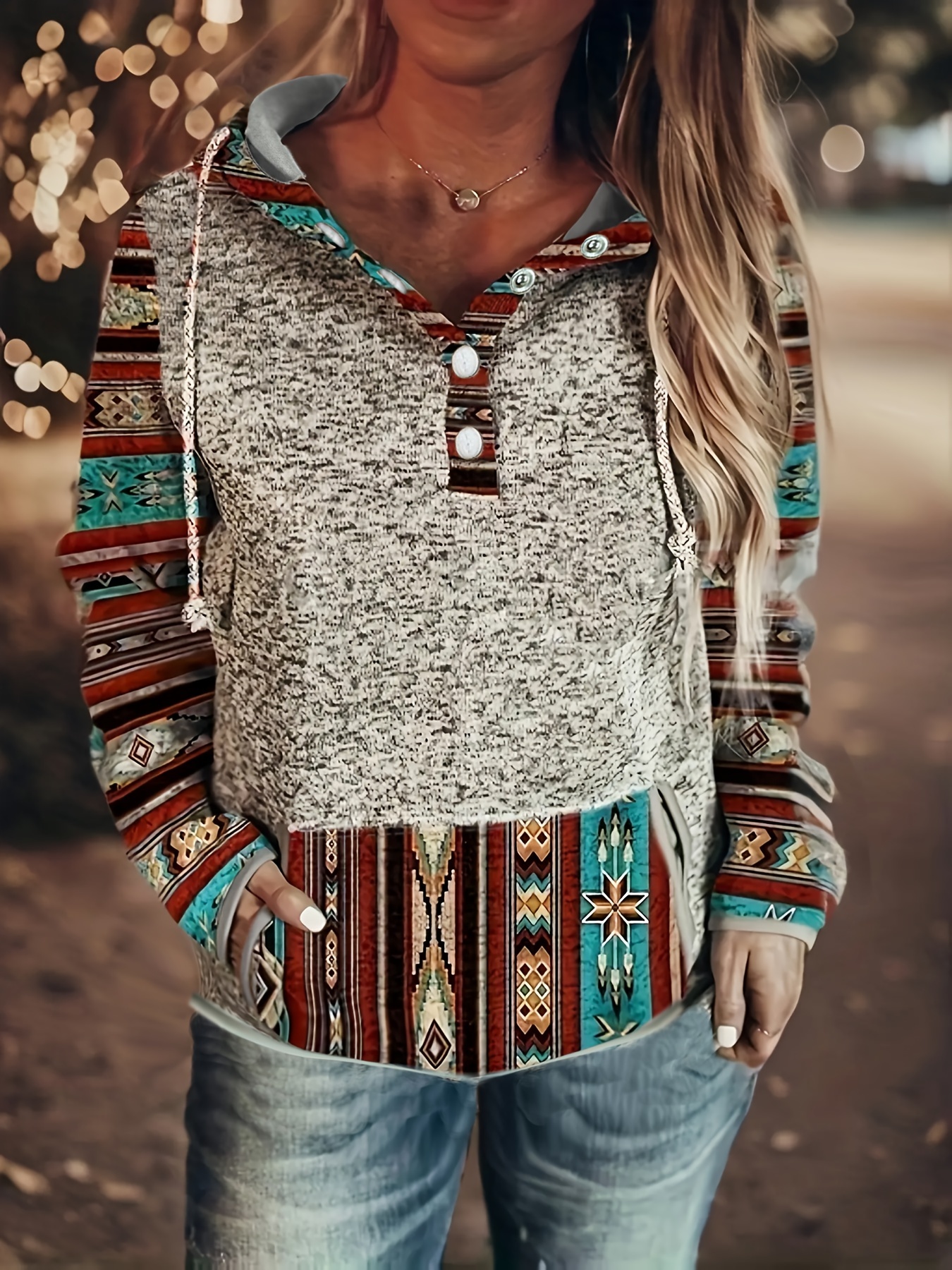 Women's Geometric Horse Print Aztec Hoodie Pullover Cowgirl Western Ethnic  Style Printed Hooded Sweatshirt 
