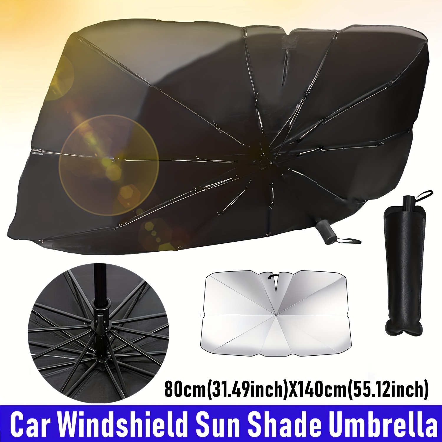 Car Windshield Sun Shade Umbrella With Bendable Rod And Viewmirror Cut-Out,  Foldable Car Umbrella Sunshade Cover With Storebag For Block UV Keep Cool