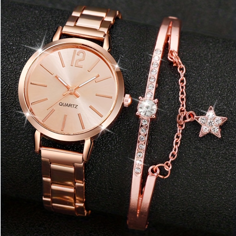 

Women's Watch Rose Golden Quartz Watch Fashion Analog Steel Wrist Watch & 1pc Star Bracelet