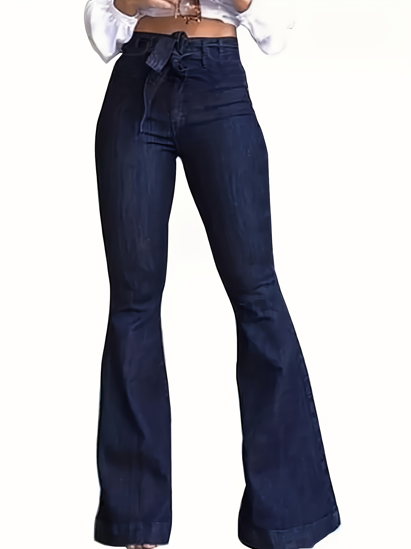 Dark Blue * Hem Flared Jeans, Bell Bottom Wide Legs High Waist Denim Pants,  Women's Denim Jeans & Clothing