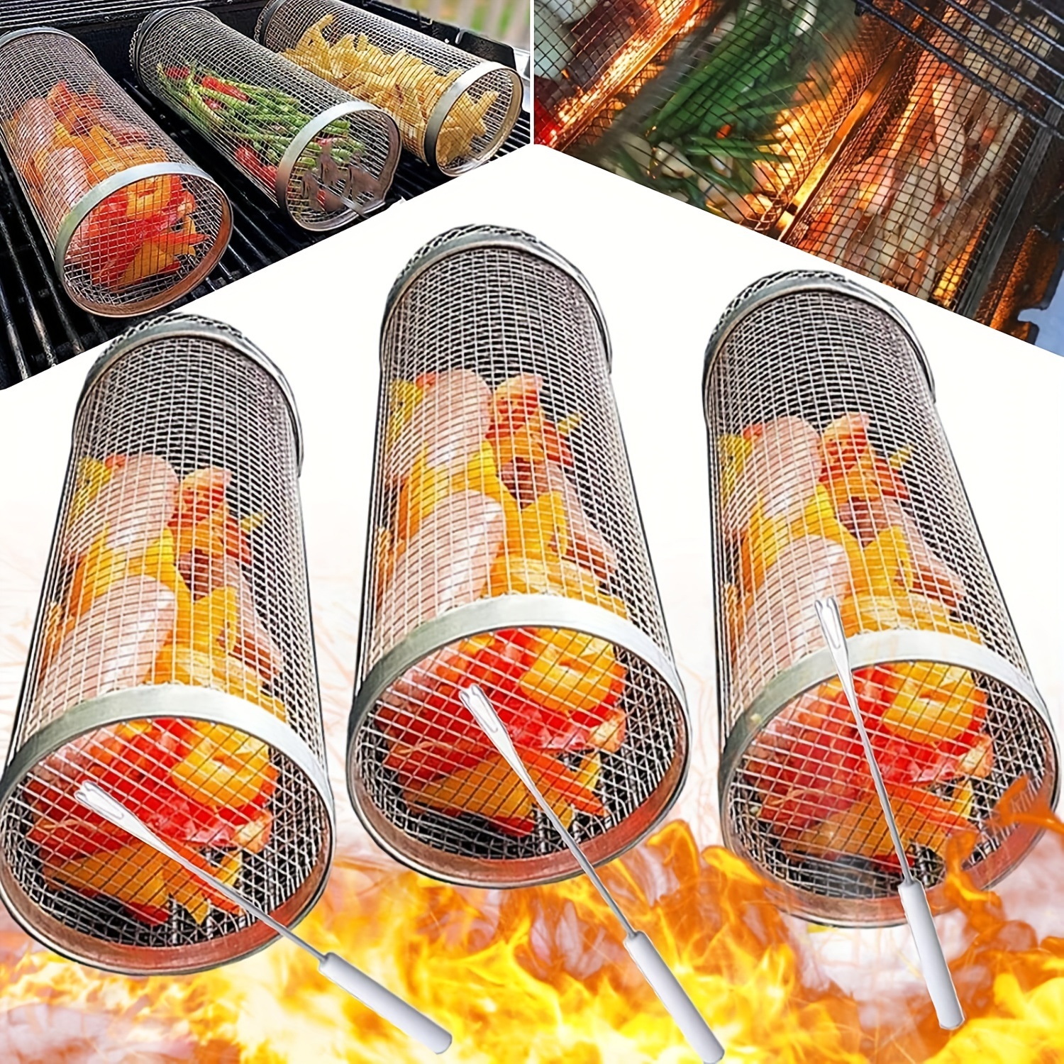 BBQ Net Tube Rolling Basket Grill Tool with Removable Mesh Cover BBQ  Accessories