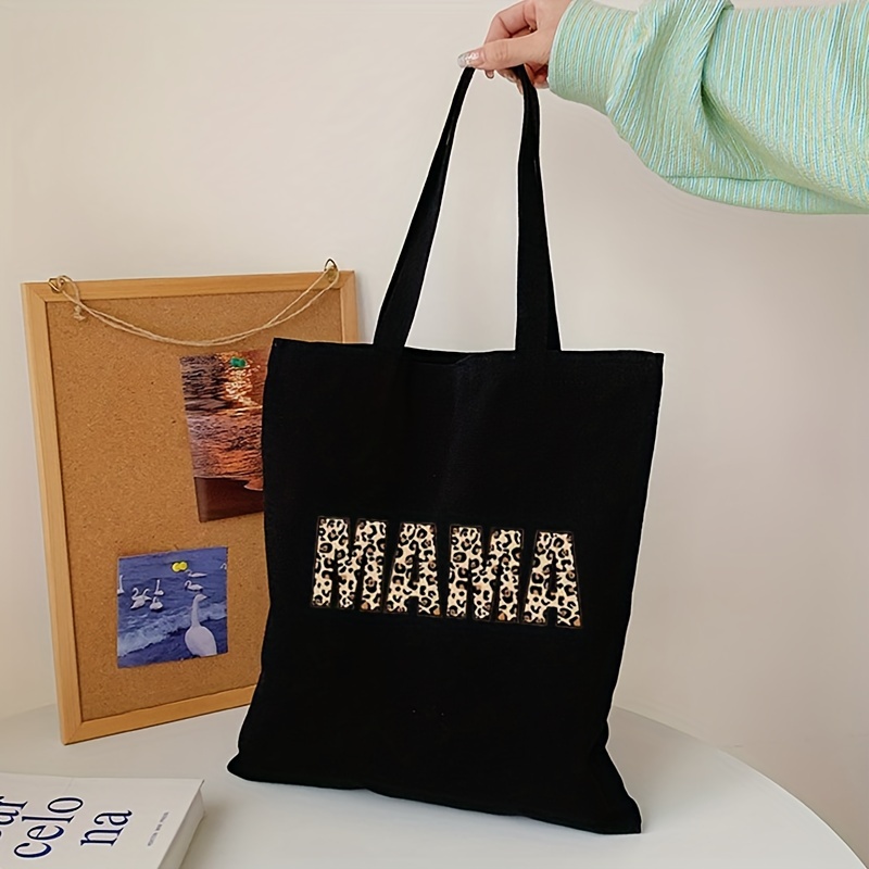 Leopard MAMA Print Canvas Tote Bag, Versatile Large Capacity Shoulder Bag,  Lightweight Travel Shopping Bag