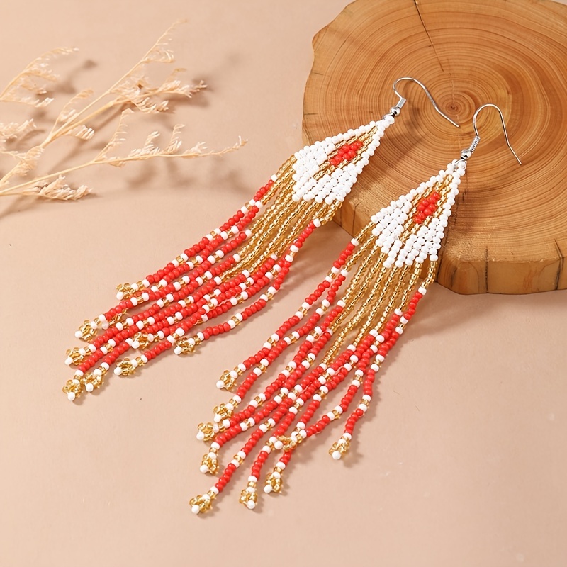 Handmade Long Beaded Tassel Earrings Large Native Bohemian Retro Colorful Beaded Fringe Drop Earrings Big Tribal Boho Seed Bead Chandelier Dangle