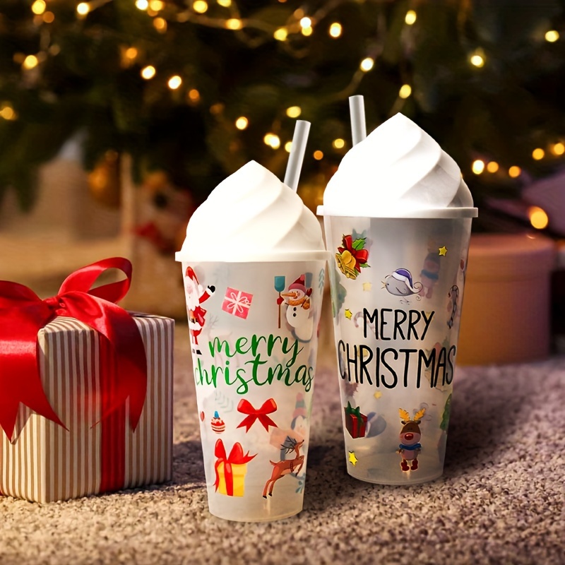 10Pcs Christmas Plastic Water Cups,12oz Reusable Party Cups for Xmas  Events, Cute Christmas Element Design