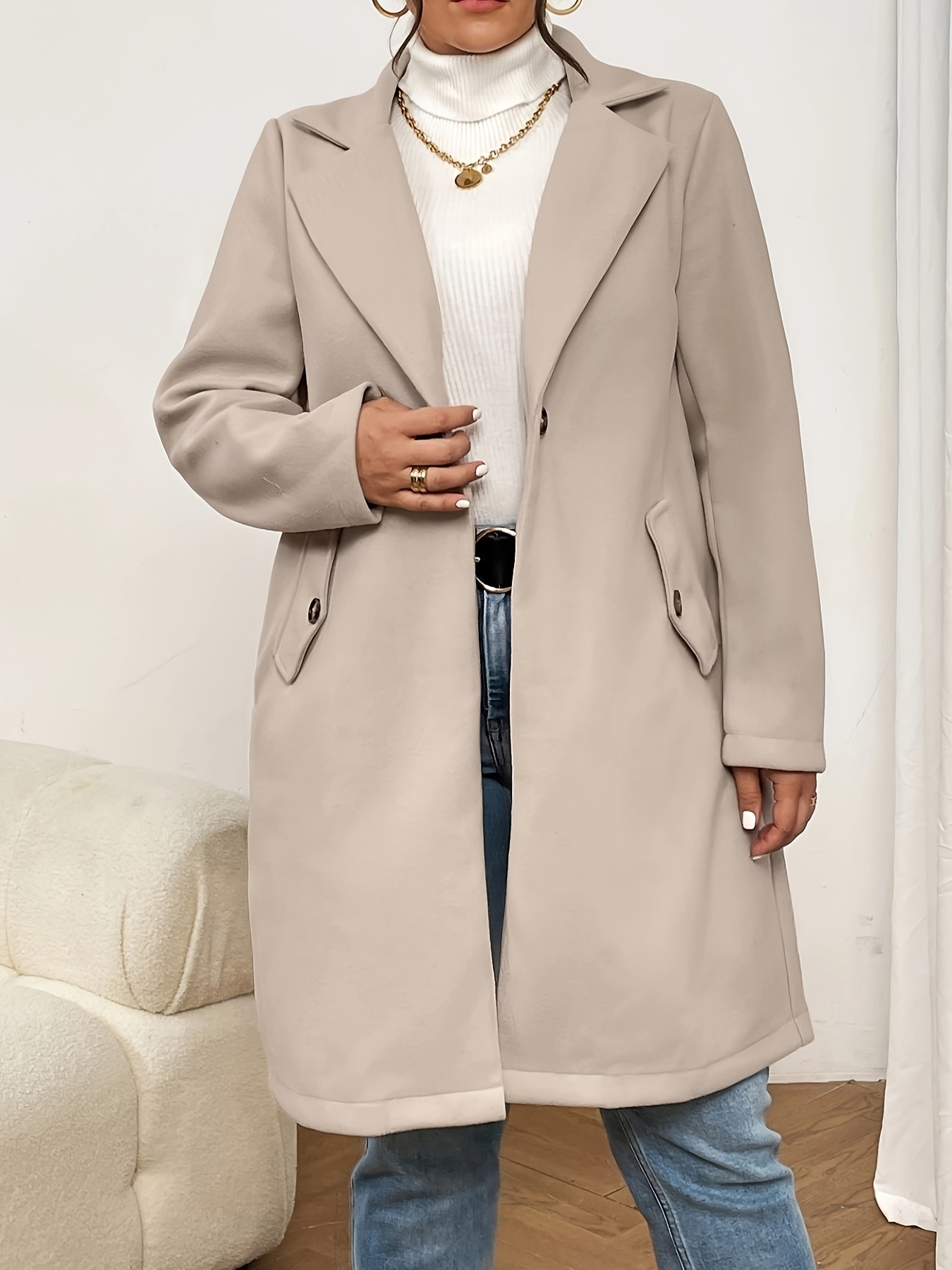 Abrigo elegante de talla * abrigo de lana largo con solapa y mangas largas  para mujer con bolsillos