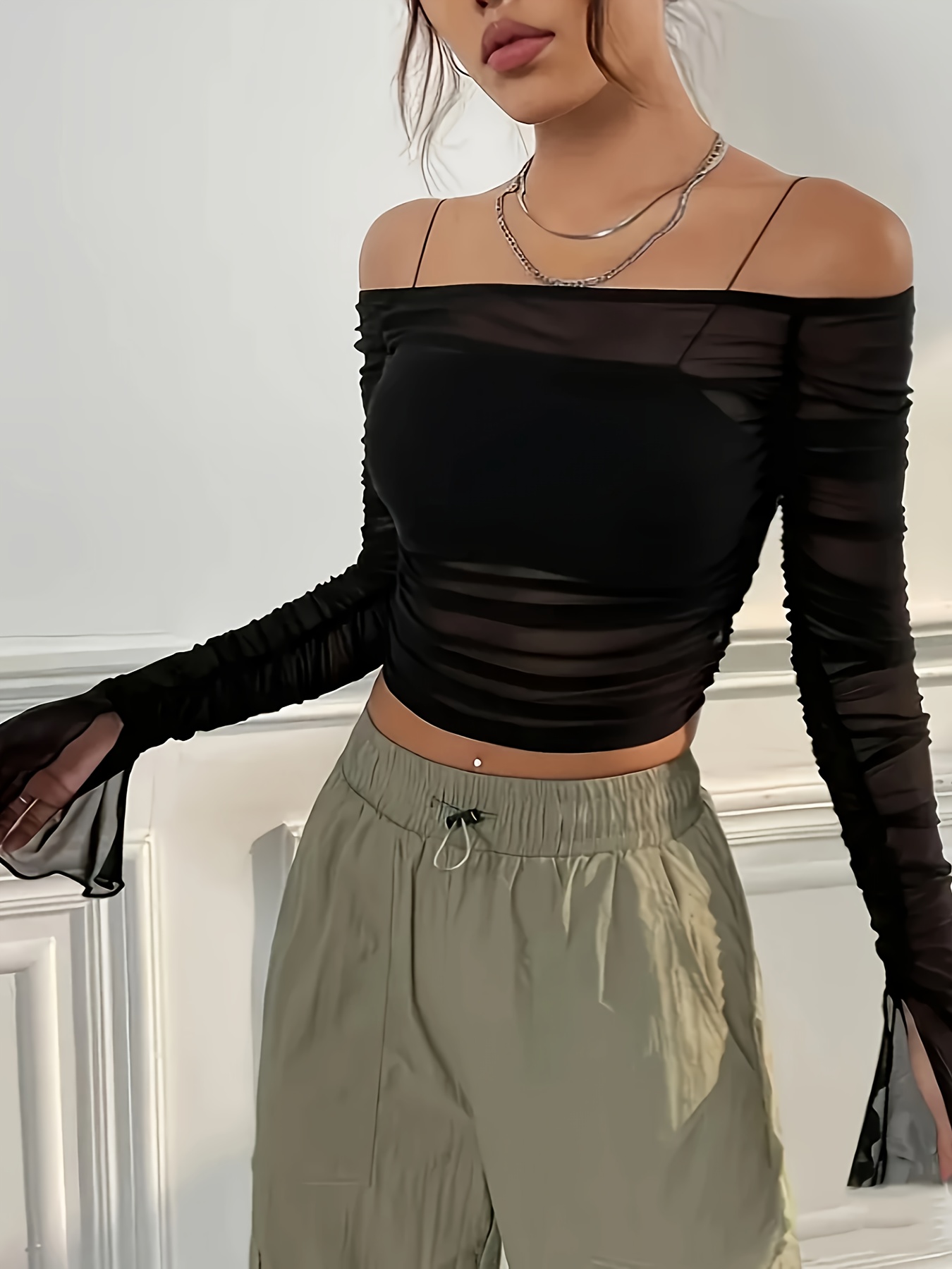 Solid Ruched Shoulder Mesh Top Casual Long Sleeve Top Spring - Temu United  Kingdom