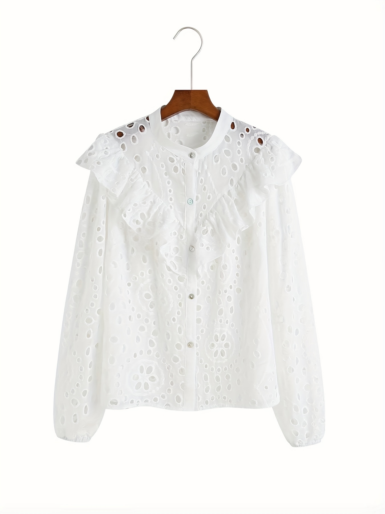 Eyelet Embroidered Ruffle Trim Blouse Casual Crew Neck Long - Temu