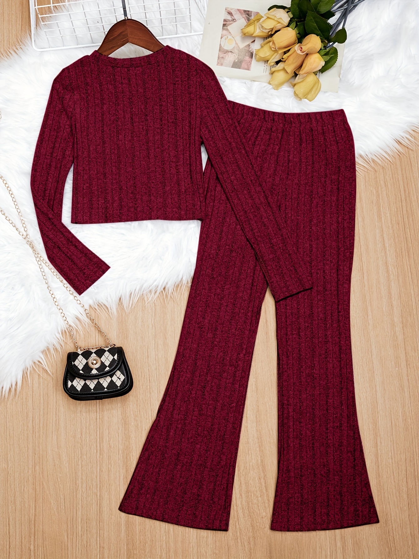 SHEIN Teen Girls' Knitted Solid Color Flared Pants Suitable For