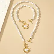 2pcs necklace bracelet elegant jewelry set made of milky stone 18k gold plated trendy heart ot buckle design match daily outfits details 7
