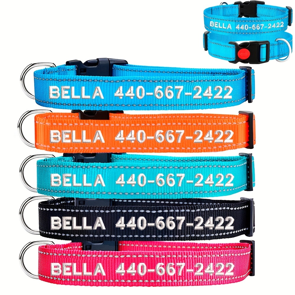 

Personalized Dog Collar With Name With Lock Buckle, Reflective Embroidered Custom Dog Collars With Pet Name And Phone Number In White Thread Text