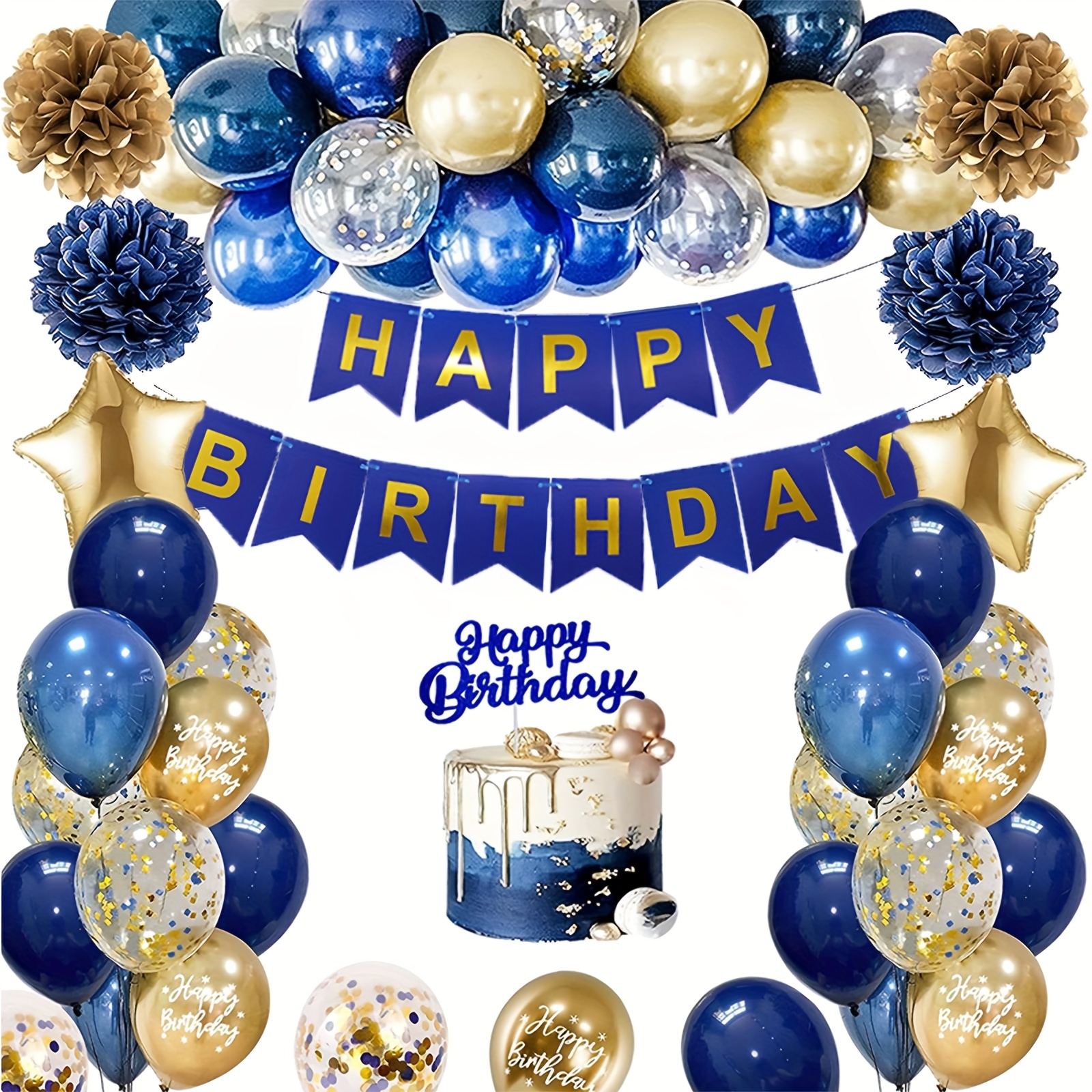  Decoraciones de 30 cumpleaños para él, decoraciones de fiesta  de cumpleaños 30 azul y plateado para hombres, pancarta de feliz cumpleaños  30 cumpleaños, mantel de globos con flecos, cortinas colgantes 