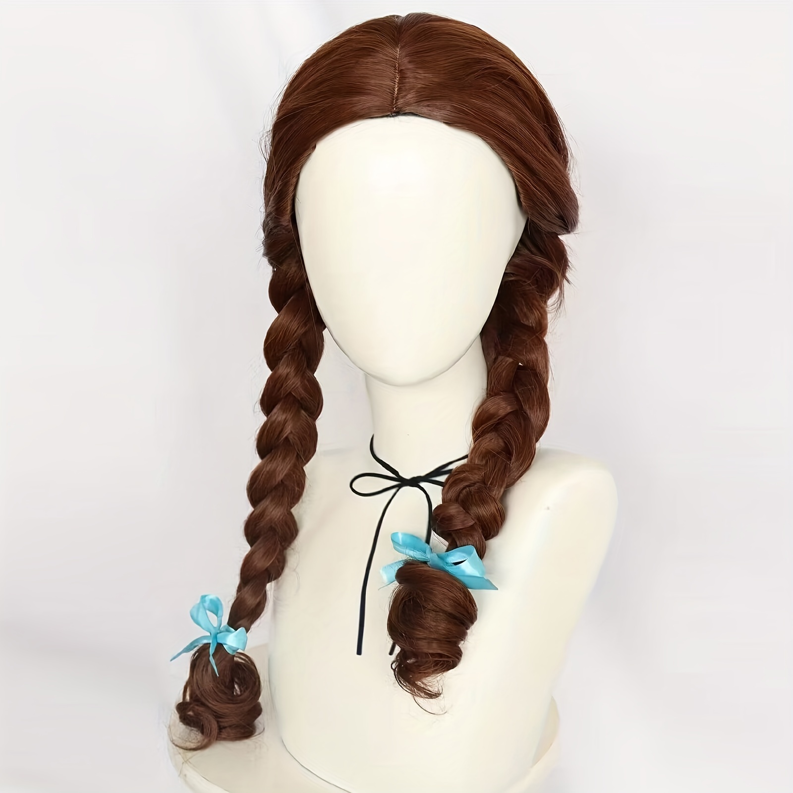 

Synthetic Glueless Heat Resistant Fiber Hair 20 Inch Medium Length Brown Double Braided Anime Cosplay Wig With Blue Ribbon For School Thanksgiving Day Christmas Costume Accessories