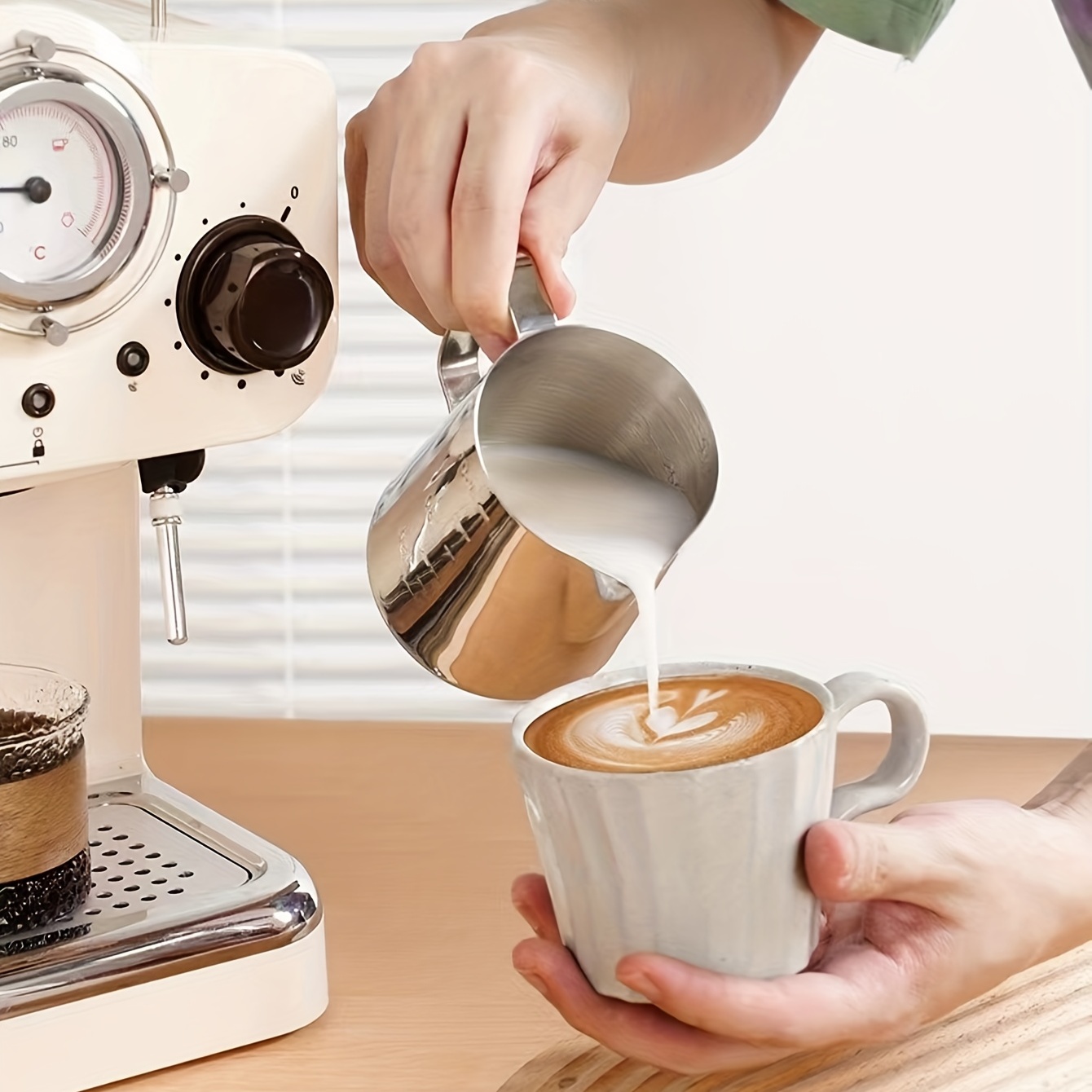 Jarra de espuma de leche, jarra de vapor de café expreso de 12 onzas,  accesorios para máquina de espresso, acero inoxidable, leche, café,  capuchino