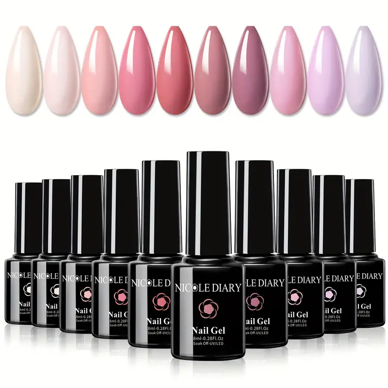 gel nail polish set 10 colors nude pink colors gel nail kit soak off popular nail art gifts for women diy manicure home with no wipe glossy top coat base coat for starter details 0