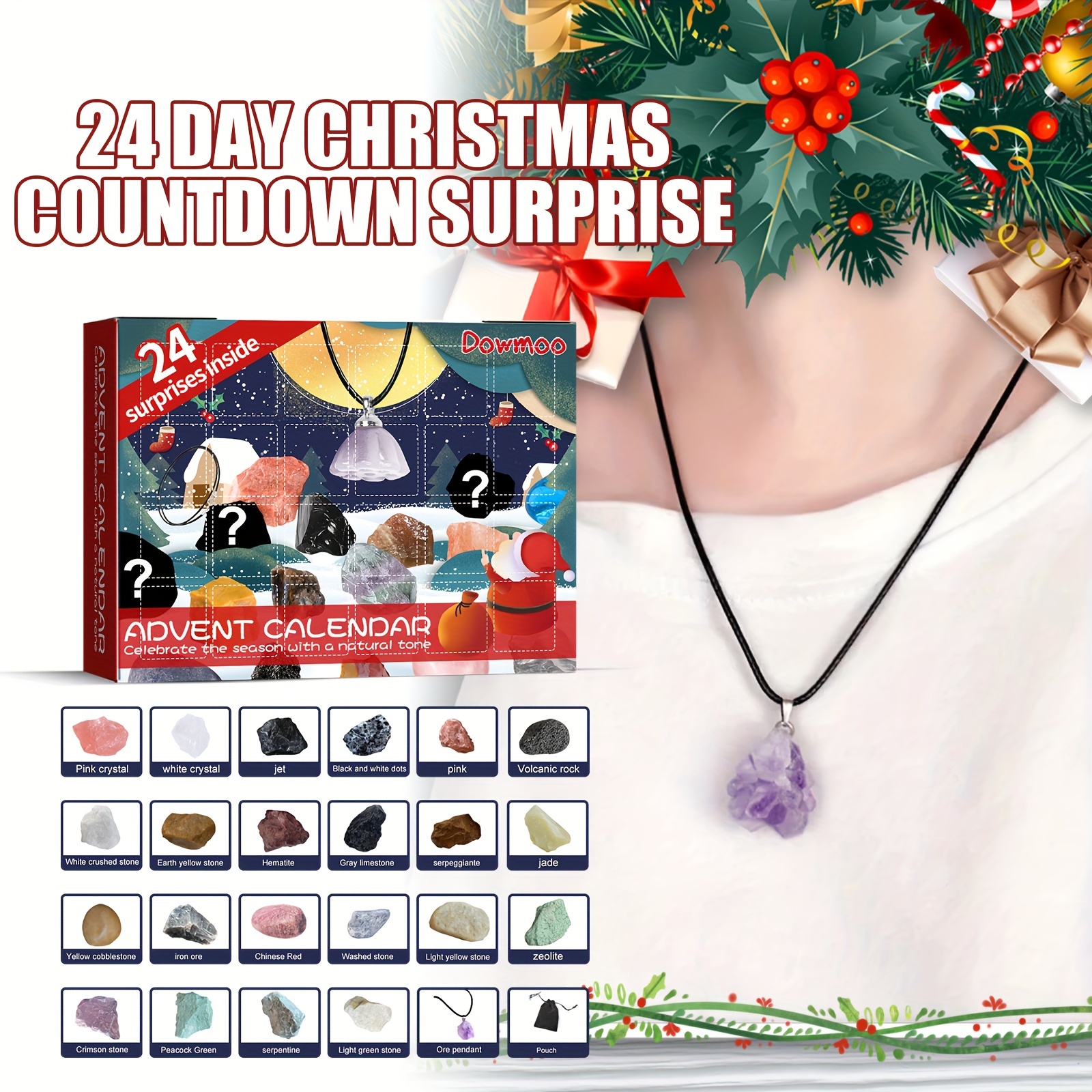 Advent Calendar 2023-24 Days of Crystal and Healing Stone Kit with Crystal  Necklace Holder, Magnifier and Storage Bag, Christmas Countdown Gifts for  Girls Boys Kids Adults and Teenagers 