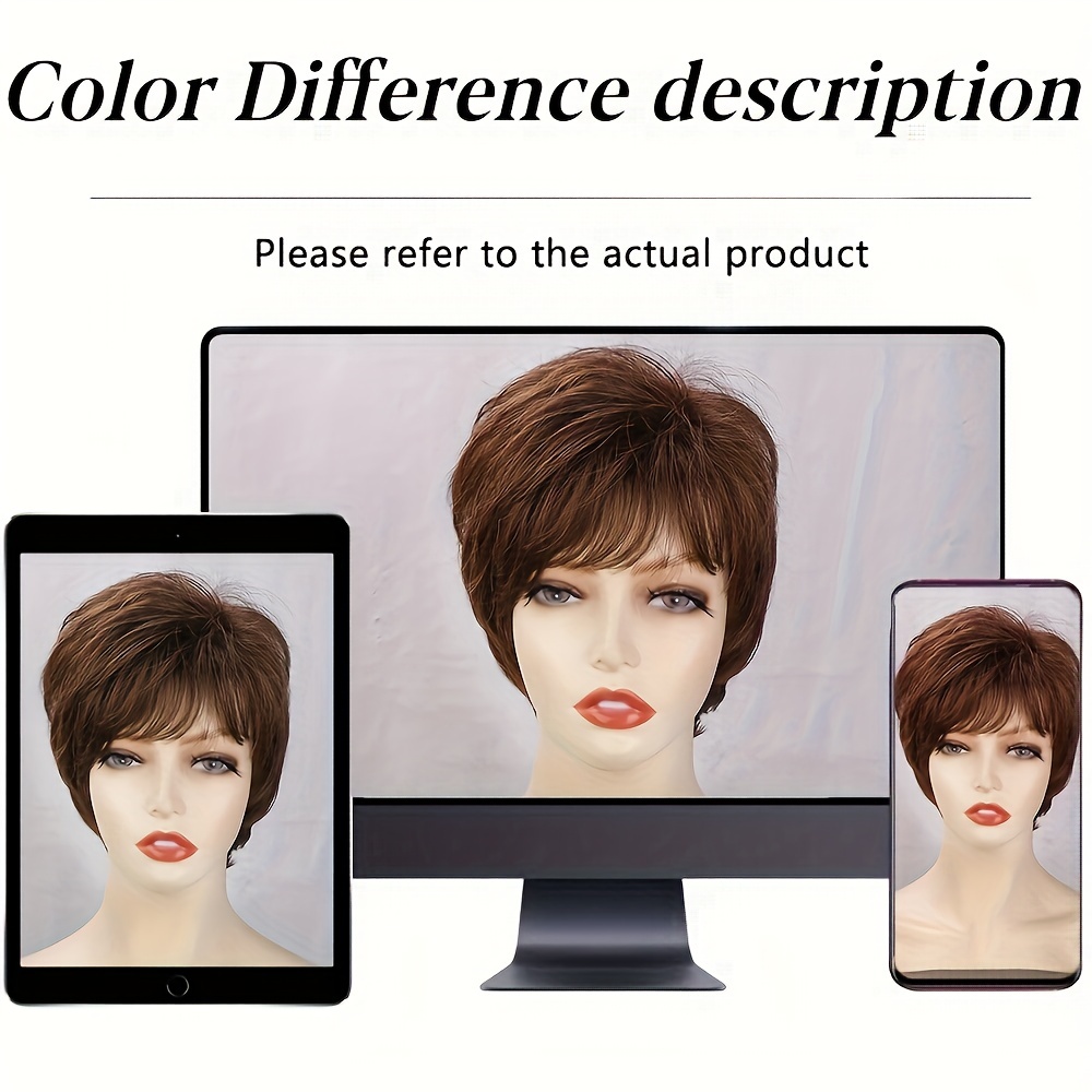 Short Brown Pixie Cut Wig with Bangs Natural Synthetic Fluffy Hair Wig 16 cm