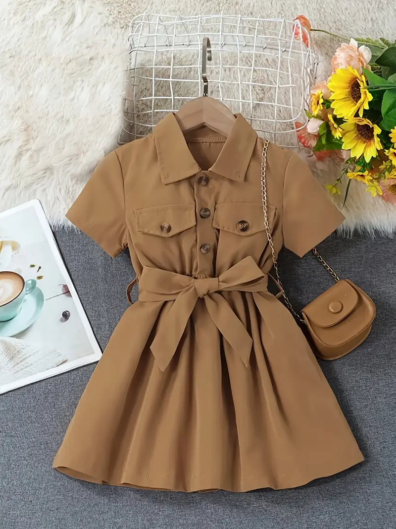 Girls' Casual Collared Button Belted Dress Girls Dresses - Temu
