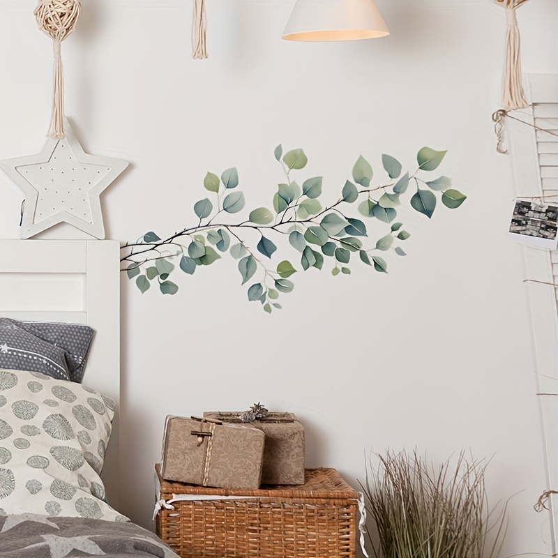

1pc Hanging Branches Green Leaves Wall Decals, Peel And Stick Removable Green Plants Wall Stickers Living Room Bedroom Sofa Tv Background Wall Decor Pvc Murals Home Art Window Decorations