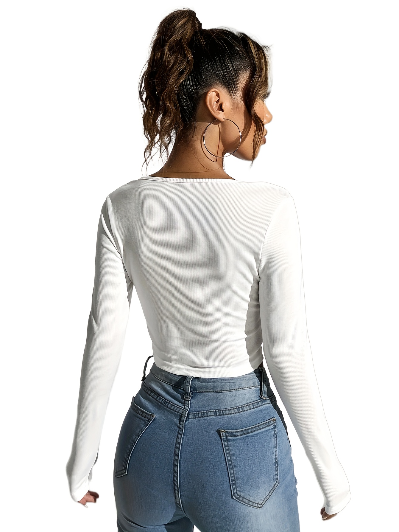 Women's Sexy Strapless Cropped Long Sleeve T-Shirt Semi-Sheer Top with  Front Twist Detail Fit Fall Winter Layering Essential, Machine Washable, 