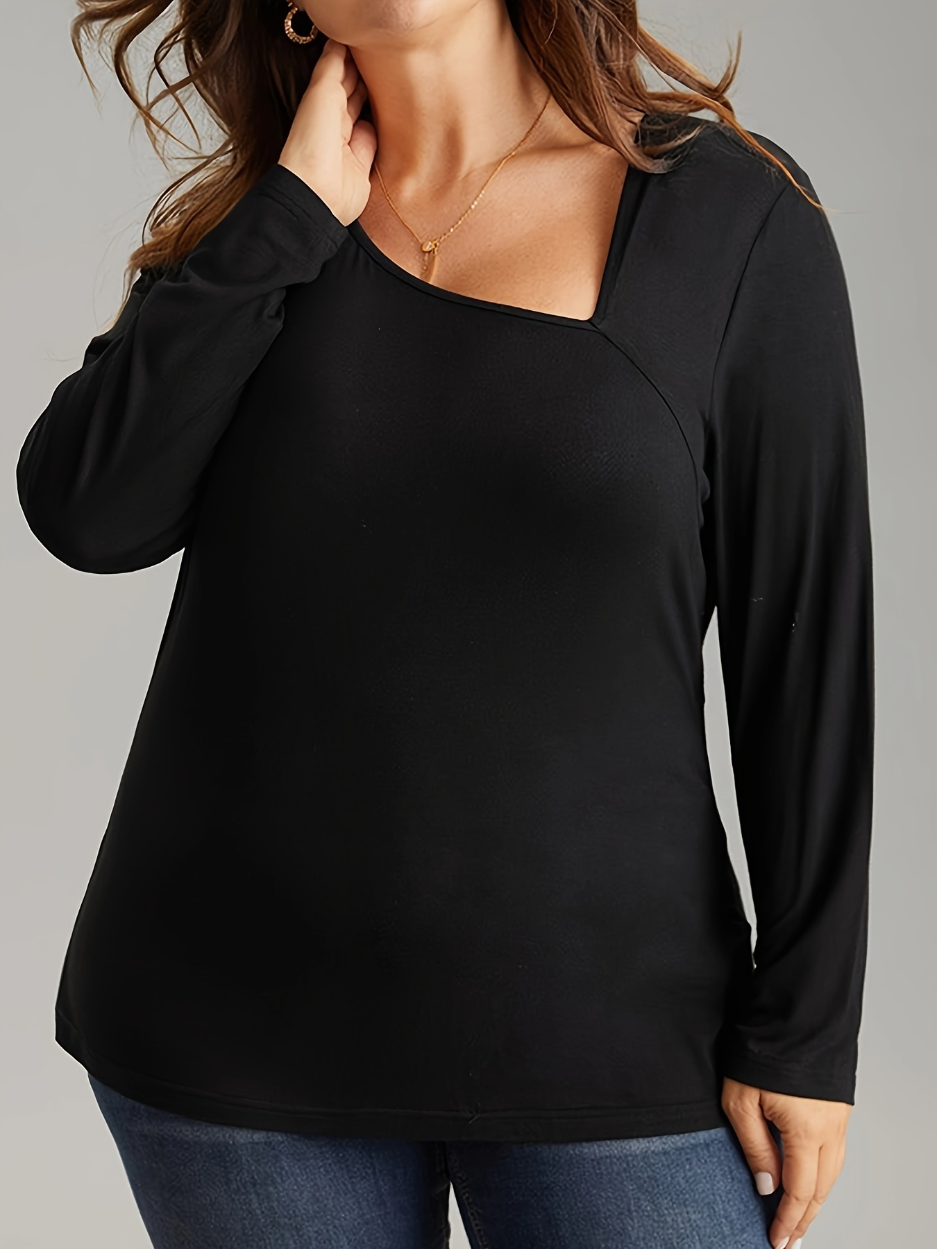 Plus Size Solid Round Neck Irregular Hem Long Sleeve Peplum - Temu