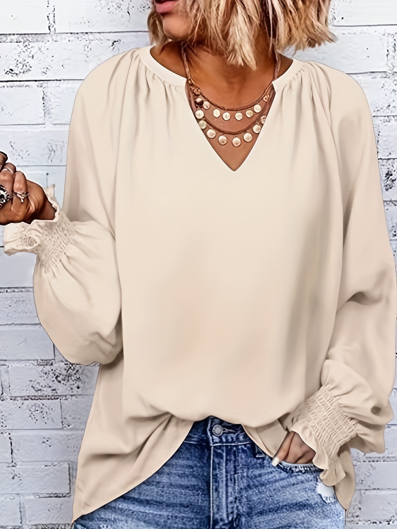  Blusa de manga larga para mujer, blusa con cuello de lazo,  blusas, camisas, Albaricoque : Ropa, Zapatos y Joyería