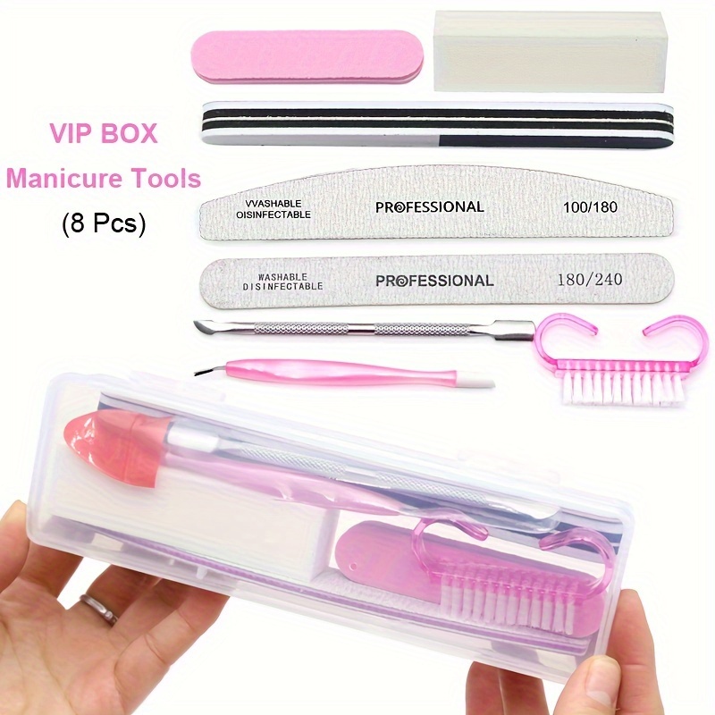 8pcs/box Vip Nail Care Tools Set Professional Nail Files Sponge Buffer Block Dust Brushes Cuticle Pusher Gel Polish Manicure Beauty Tools For Gift