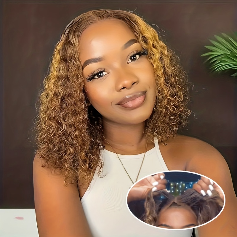 Wear And Go Glueless Wigs Human Hair Curly Bob Wig 4x4 - Temu