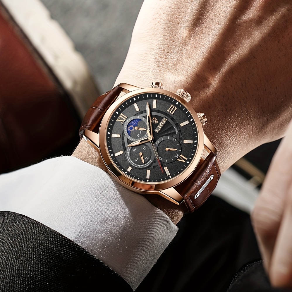 LIGE Men Watches Leather Waterproof Luminous Quartz Wristwatch