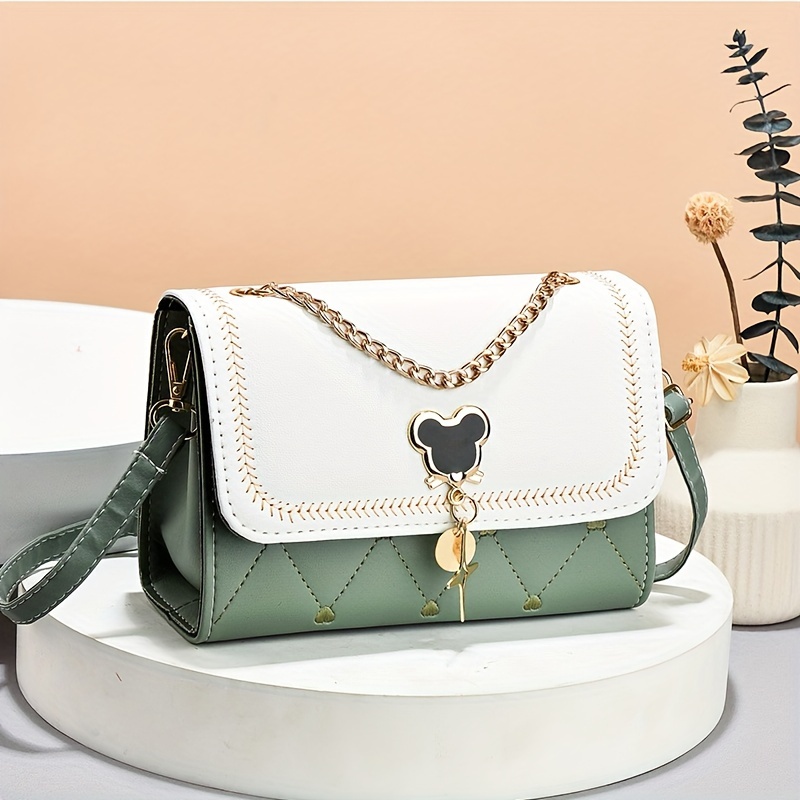 Embroidery Detail Flap Square Bag, Stylish Chain Decor Crossbody Purse With Bag  Charm - Temu