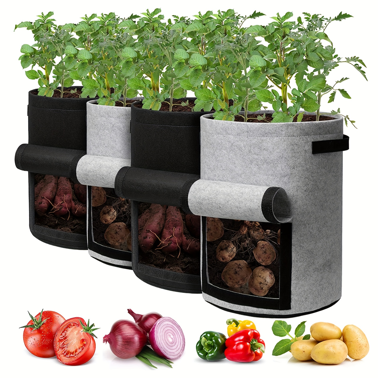 Homyhoo Potato Grow Bags with Flap 10 Gallon, 4 Pack Planter Pot with  Handles and Harvest Window for Potato Tomato and Vegetables, Black and Gray