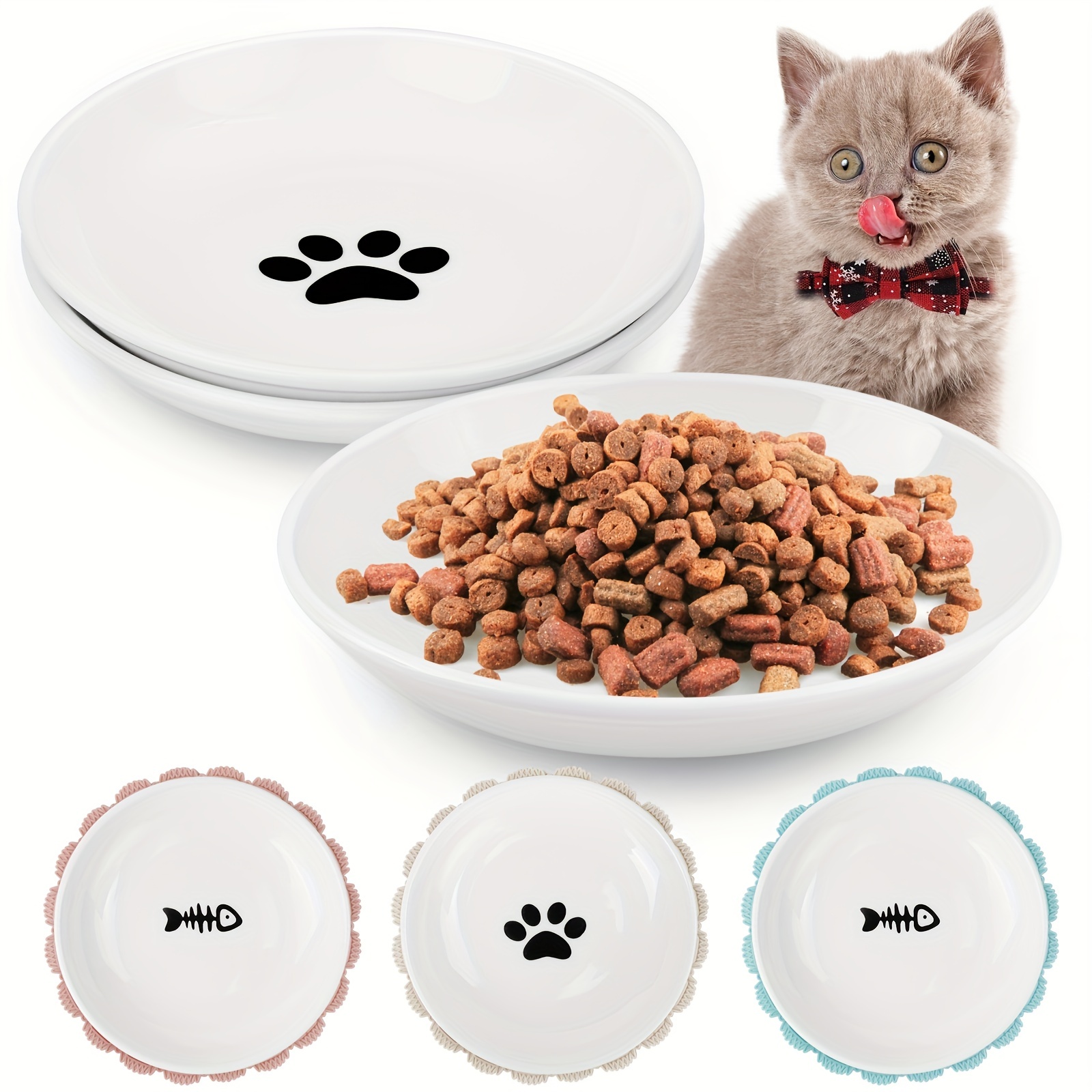 Small Ceramic Cat Food Bowl - Wide Shallow Cat Bowl with Non-Slip Mat -  Whisker Friendly Cat Feeding Bowls - Japanese Style Cute Cat Dish - Cat  Plates
