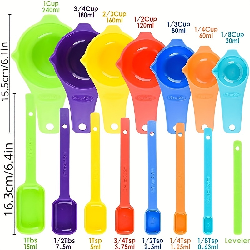 Measuring Cups And Spoons Set, Plastic Measuring Cup And Measuring Spoon  Set, 7 Measuring Cups And 7 Spoons With 1 Leveler, Kitchen Measuring Cups  Set For Baking, Colorful Measure Cups And Spoons