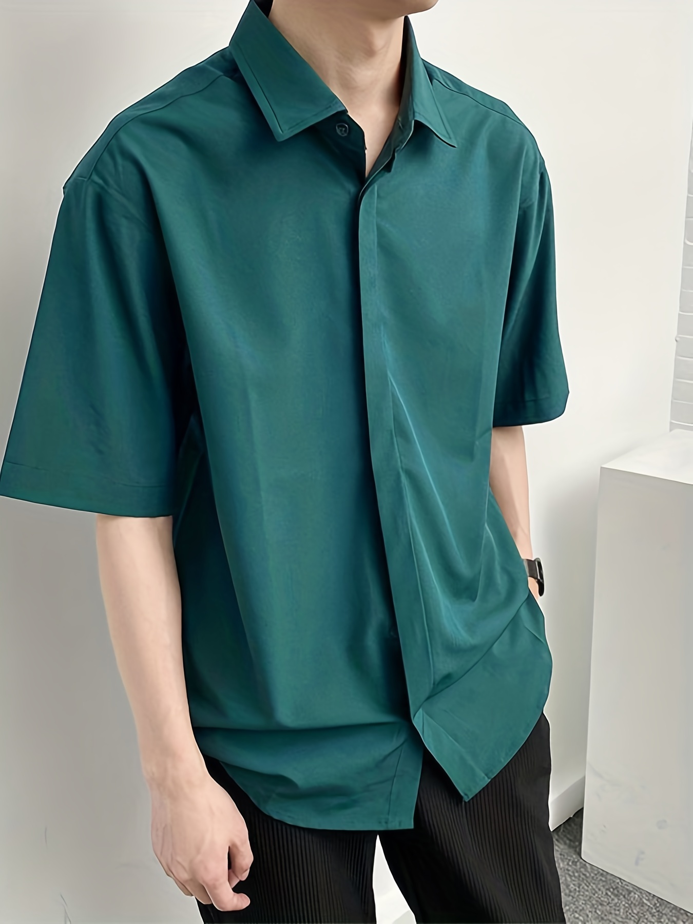 Mens Fashion Summer Japanese Style Lapel Short Sleeve Loose Shirt Casual  Blouse