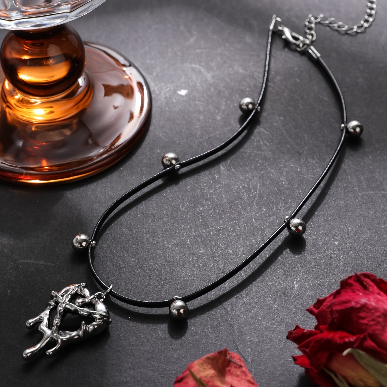 1pc Invisible Love Lava Pendant Choker Necklace Vintage Gothic Style Stone Beads Decor Black Leather Collar Necklace Cool Party Jewelry, Jewels,Temu
