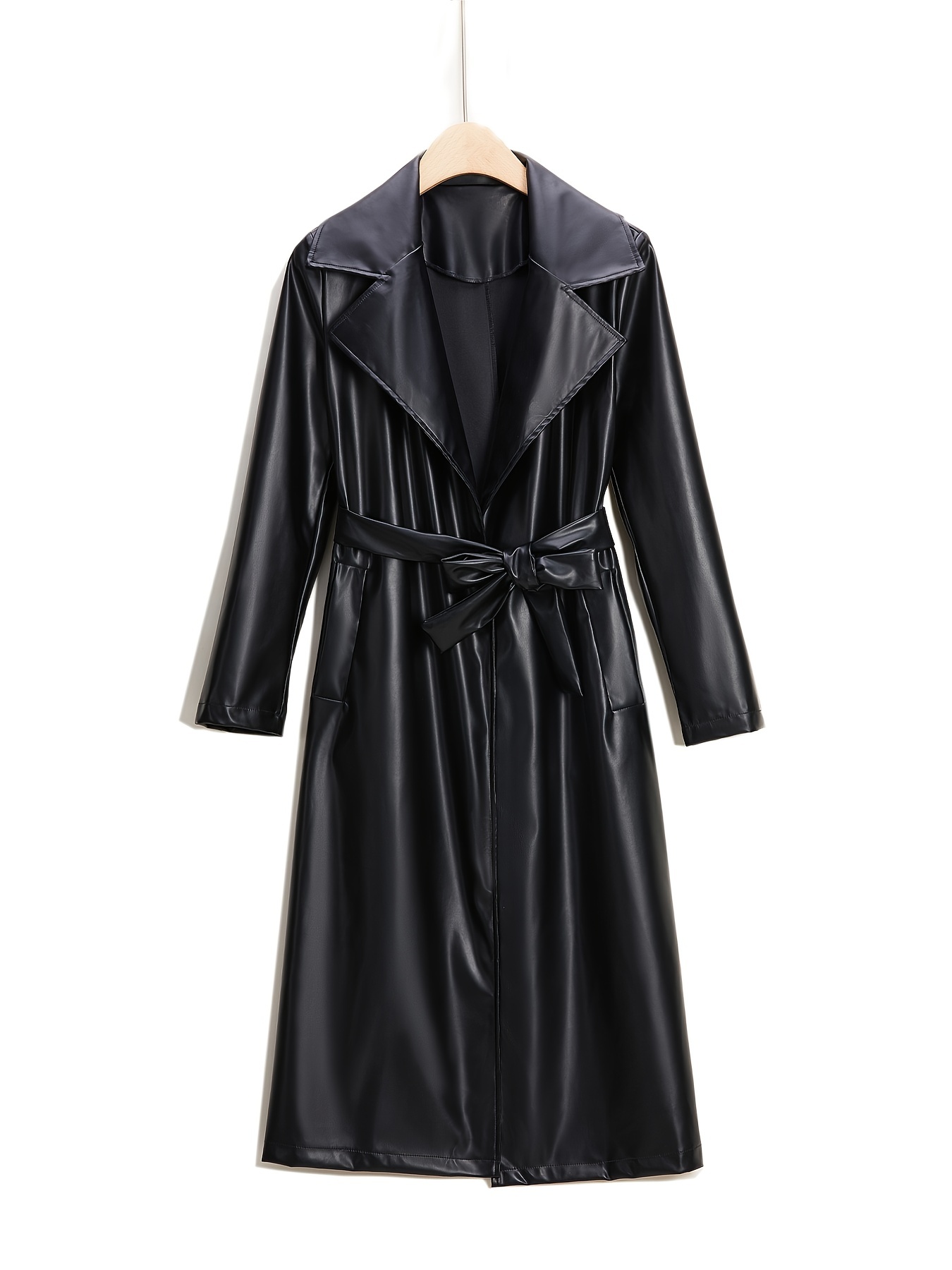 Longline Faux Leather Coat Elegant Black Lapel Belted Coat - Temu