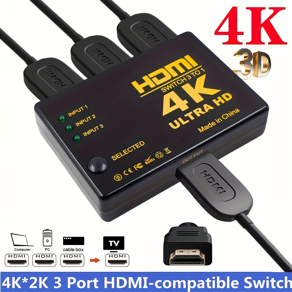 

4k 2k 3x1 Hdtv Cable Splitter Hd 1080p Video Switcher Adapter 3 Input 1 Output Port Hub For Ps4 Dvd Hdtv Pc Laptop Tv